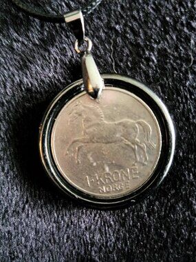 1961 / 1971 Norway Coin Resin Pendant Necklace. Rearing Horse - Vintage